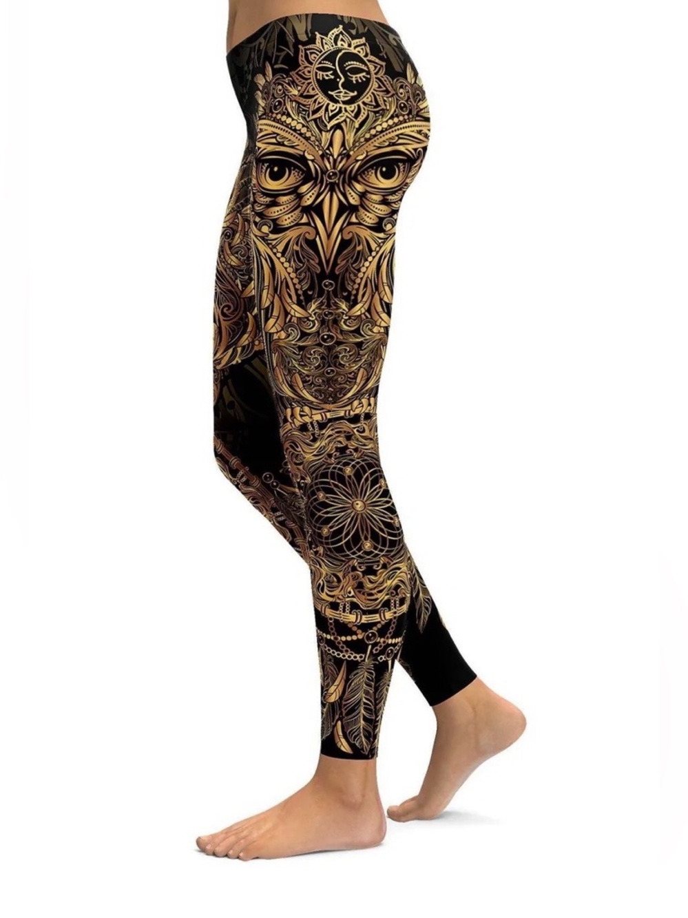 GearBunch Golden Ornamental Owl Leggings Women's Leggings Black/Gold Small
